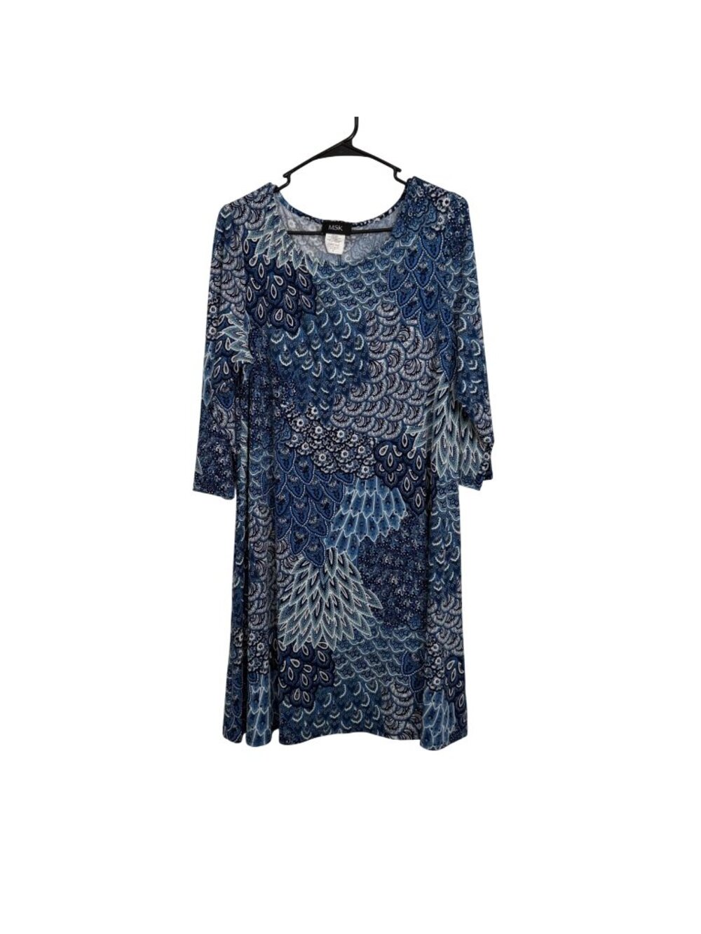 MSK Blue/White Patterned 3/4 Sleeve Dress XL Poly/Spandex Blend Knee Lenght